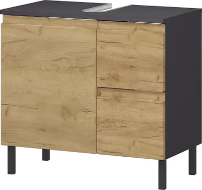 Produktbild von Badezimmer-Waschbeckenunterschrank 60 cm breit in Eiche mit graphit, 2 Schubladen, Tür - SALO-01