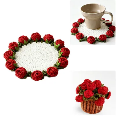 Gehäkelte Blumen-Untersetzer, handgefertigt, mit Mini-Korb, 16 cm, rosarot