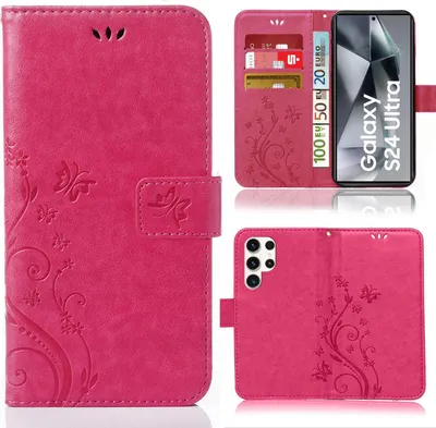 A collage of images showing a pink flip phone case with a floral pattern, a phone inside the case, and the back of the phone case.