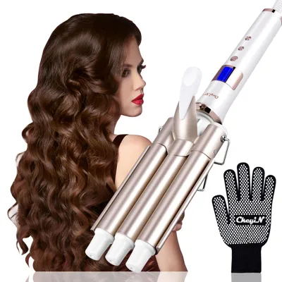 Produktbild von CkeyiN Lockenstab 3 Fässer Welleneisen  22mm  Locken Beach Waves,Turmalin-Keramik-Beschichtung, PTC Schnellheizung, LED-Anzeige Wasserwellen