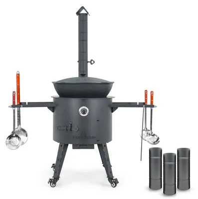 Produktbild von Utschak Feuerofen Ø 49 cm + Gusseisen-Kasan 22 L, runder Boden + Küchenzubehör, Usbekischer Kochtopf aus Gusseisen