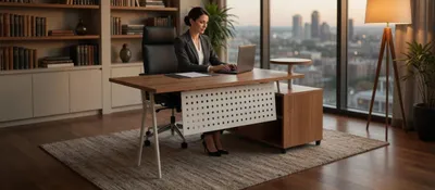 Immagine prodotto di Scrivania con struttura in metallo e piano in legno, ideale per un ufficio moderno