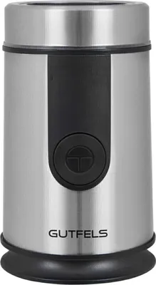 A front view of a stainless steel electric coffee grinder.