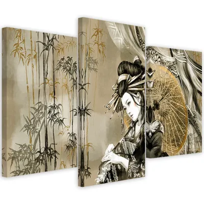 Produktbild von Triptychon auf leinwand geisha und bambus 60x40 cm Feeby grün wandbild bereit zum aufhängen