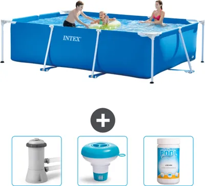 Produktbild von Intex-Schwimmbecken mit rechteckigem Rahmen – 300 x 200 x 75 cm – Blau – im Lieferumfang enthalten Filterpumpe für Schwimmbad - Chlorschwimmer - Chlor