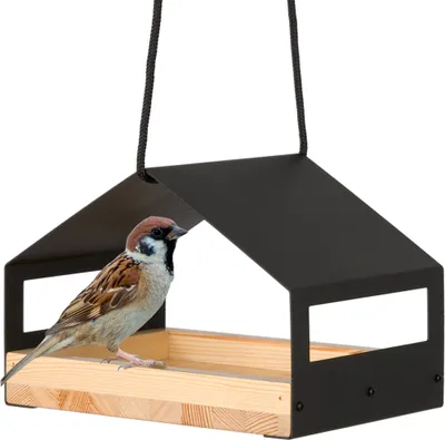 Produktbild von WONDERMAKE Design Vogelhaus aus Metall und Holz wetterfest zum Aufhängen, modernes Vogelfutterhaus klein Metalldach hängend, Vogelhäuschen Futterhaus für Vögel, Edelstahl Kiefer, schwarz