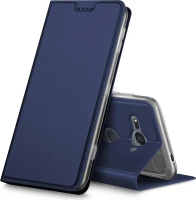 A blue flip case for a smartphone is shown standing upright, with the phone partially visible inside.