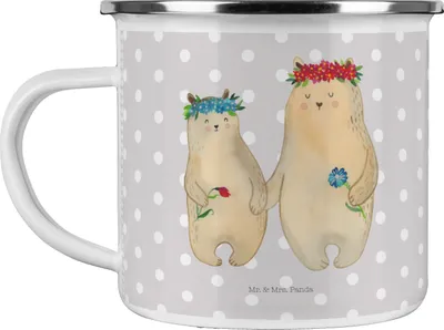 Produktbild von Mr. & Mrs. Panda Haferl Bären mit Blumenkranz - Grau Pastell - Geschenk, Lieblingsmensch, Familie, Muttertag, Teebecher, Mutter, becher emaille, Tasse, Family, Pott