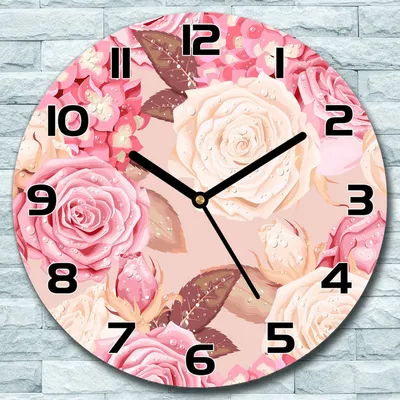 Produktbild von Wanduhr aus Glas Rund fi 30 Rosa Rosen Hortensie Quarz Deko Schlafzimmer Büro