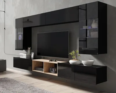 Produktbild von Wohnwand Amanda XIII Komplette Schrankwand Breite 300cm Anbauwand zwei Vitrinen TV-Schrank Wohnzimmer-Set (Schwarz matt + Schwarz Hochglanz Fronten / Artisan Eiche)