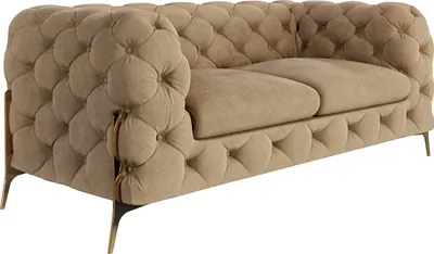 Produktbild von S-STYLE MÖBEL - Chesterfield Sofa 2-Sitzer Nova mit Goldene Metall Füßen aus Beige Samtstoff, B/T/H: 185 cm/ 100 cm/ 75 cm