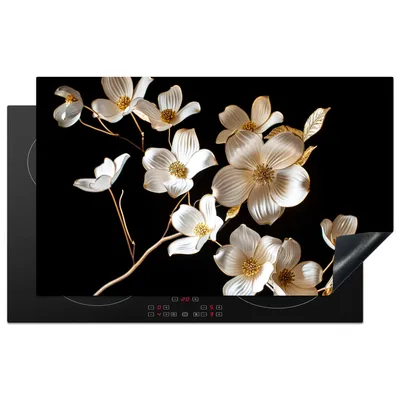Produktbild von KitchenYeah© Herdabdeckplatte Schwarz - Blumen - Weiß , 83x51cm, Küche Deko, Glaskeramikkochfeld Herdabdeckung, Abdeckplatte fùr Kochfeld