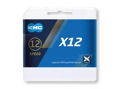 The image shows the packaging of a KMC X12 12-speed bicycle chain.