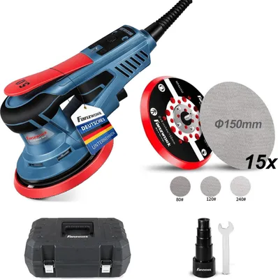 Produktbild von FANZWORK Exzenterschleifer, 5mm Hub, 150mm Klett-Schleifteller, 350W Bürstenloser EC-Motor, 15x Schleifpapier, Tragkoffer
