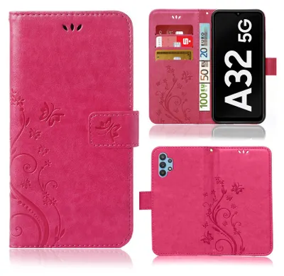 A collage of images showing a pink flip phone case with a floral and butterfly design, displaying its card slots and stand function.
