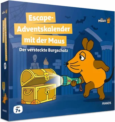 A box for an escape advent calendar featuring a cartoon mouse with a flashlight looking into a treasure chest.