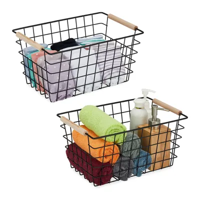 Produktbild von Relaxdays Drahtkorb, 2er Set, Metall, Holzgriffe, HxBxT 16 x 31 x 21 cm, eckiger Aufbewahrungskorb, Bad & Küche, schwarz