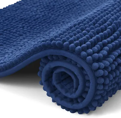 Image de Tapis de bain en chenille, tapis de bain antidérapant, tapis de bain moelleux, tapis de bain absorbant, tapis de douche lavable pour la salle de bain, 40 x 60 cm, bleu marine
