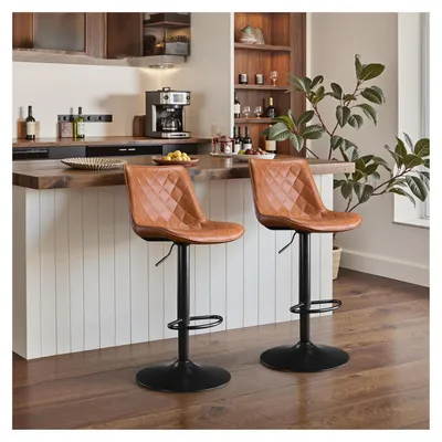 Produktbild von Barhocker 2er Set Mikrofaser-Leder Höhenverstellbar mit Lehne Drehbar Whiskybraun