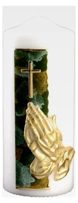 Produktbild von Trauerkerze mit betenden Händen und Kreuz in Gold, 200 x 80 mm, inklusive Klarsichtkarton