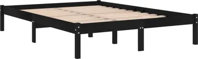 A black wooden bed frame with a slatted base, shown from a slightly elevated side angle against a white background.