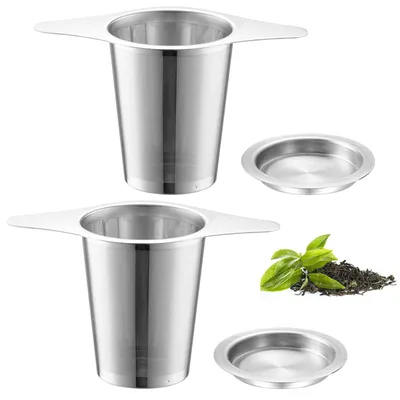 Productafbeelding van Theezeef met deksel, 2 stuks met dubbele handgrepen, roestvrijstalen theefilter voor losse theebladeren en koffie