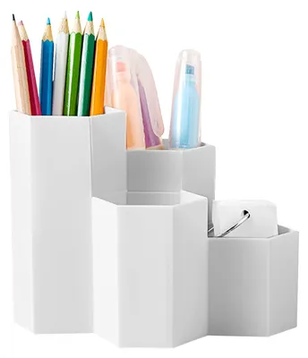 Produktbild von Stifteablage aus Kunststoff, sechseckig, weiß, Schreibtisch-Organizer, multifunktionaler Stifthalter für Zuhause, Schule und Büro