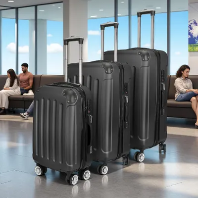Zdjęcie produktu dla Zestaw 3 walizek z ABS w paski - 28"/24"/20" - Kabinowa i bagażowa - Czarna - Lekka i wytrzymała z 4 kółkami podróżnymi