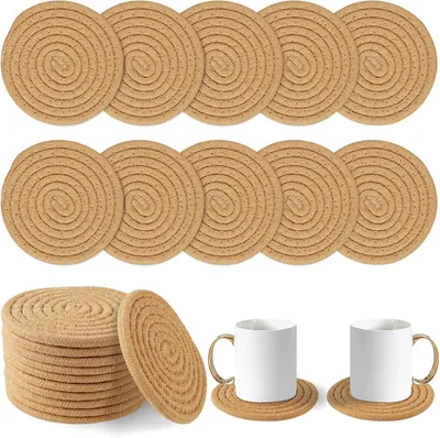 Productafbeelding van Vivinin 10 Boho Katoenen Onderzetters - Absorberende Onderzetters voor Drankjes - Bruine Set voor Kamerdecoratie - Bar - Housewarming Cadeau