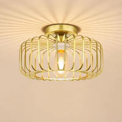 Produktbild von Deckenlampe Golden Metall Deckenleuchte E27 Fassung Ø30cm Eisen Lampenschirm mit LED Birne für Wohnzimmer Esszimmer Flur