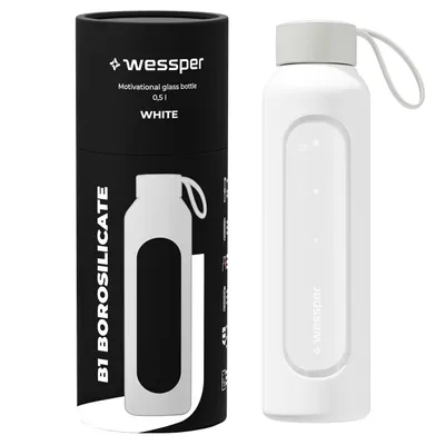 Produktbild von Wessper Trinkflasche aus Glas mit Silikonhülle – 0,5 L – mit Zeitmarkierungen – Weiß