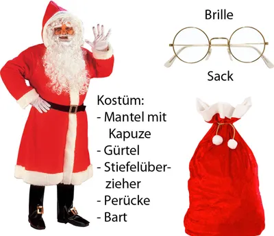 Produktbild von Luxus Weihnachtmann Mantel mit Perücke, Bart, ...M/L - Set mit Sack + Brille