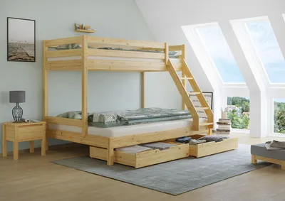 Produktbild von Doppel-Etagenbett 140x200 und 90x200 Erwachsenen-Stockbett Kiefer Massivholz natur V-60.18-09-14Rollrost und Doppelbettkasten inkl.