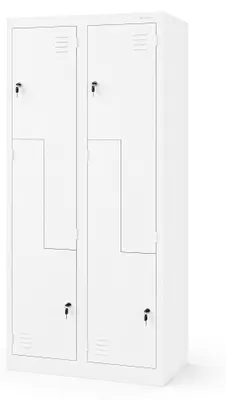 Image de Armoire de vestiaires Jan Nowak Z02, modèle avec 4 compartiments, armoire métallique avec porte battante, équipée de fentes de ventilation et d'un revêtement en poudre. Dimensions : 185 cm x 80 cm x 45 cm. Couleur : blanc