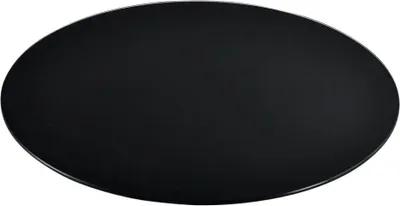 A black, round glass tabletop is shown from a slightly elevated angle against a white background.