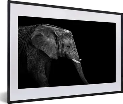 Produktbild von MuchoWow® Gerahmtes Poster Elefant - Schwarz und weiß - Porträt - Tiere 60x40 cm - Poster mit Schwarzem Bilderrahmen Wandposter Rahmen Foto Bilder - Schlafzimmer - Plakat in Rahmen - Drucken