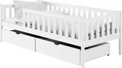 Produktbild von Kinderbett 90x200 mit zwei Schubladen, Rausfallschutz und Lattenrost, Kinder Bett | Sicher & stabil | weitere Größen 80x160, 80x180, 90x190 cm | 90x200 cm: von 4. bis 18. Lebensjahr, Weiß