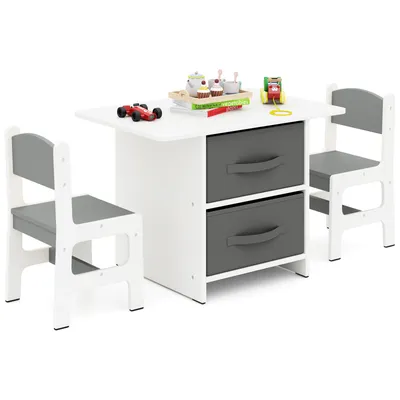 Produktbild von COSTWAY Kindertisch mit 2 Stühlen, 3 TLG. Kindersitzgruppe aus Holz mit 2 abnehmbarem Körben & breite Tischplatte, Aktivitätstisch Kindermöbel