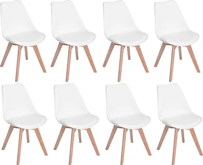 Image de H.J WeDoo 8pcs chaise de salle à manger, chaise de cuisine, chaise rembourrée, revêtement en similicuir, bois de hêtre massif, résistant à l'eau, assemblage facile, blanc