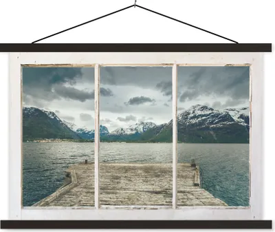 Produktbild von MuchoWow® Textilposter Aussicht - Steg - Wasser 60x40 cm mit schwarzem Rahmen - Hölzernes