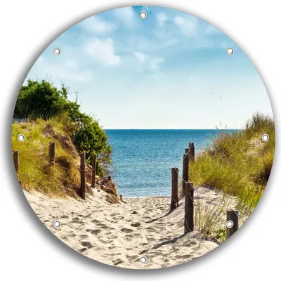 Produktbild von Wallario rundes Outdoor-Poster für Garten oder Balkon, Motiv Auf dem Sandweg zum Strand, 30 cm Durchmesser