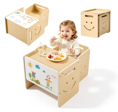 Produktbild von VEVOR Montessori-Tisch- & Stuhlset, Holz, Kindersitzgruppe für Kleinkinder von 1-5 Jahren, Tritthocker mit Whiteboard & 3-Fach Höhenverstellbar, zum Essen, Zeichnen, Lesen & Spielen