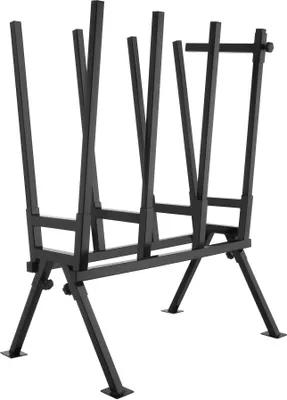 A black metal log sawhorse stand is shown against a white background.