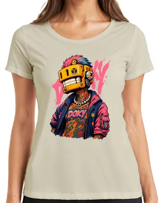 Produktbild von Doky Cyberpunk Roboter Maske Tattoo Drache Urban Japan Y2K Retro Damen T-Shirt, Natur, L
