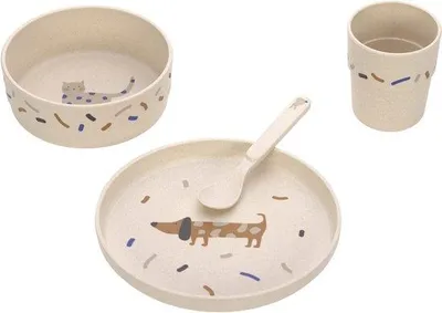 Zdjęcie produktu dla Zestaw sztućców dla dzieci (talerz, kubek, miseczka, łyżka) bez BPA, nadaje się do zmywarki i mikrofalówki / kolor niebieski