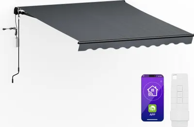 Image de Blumfeldt CloudShade Auvent - Store Rétractable Intelligent, Appli et Télécommande, UV 30+, Résistant à la Pluie, Inclinaison Ajustable, Cadre Aluminium, Installation Murale, 250x200 cm, Gris foncé