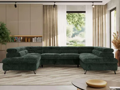 Produktbild von Ecksofa mit Schlaffunktion, Bettkasten, U-form, einstellbare Kopfstützen, Wohnzimmersofa - PABLO U - Cord - Dunkelgrün