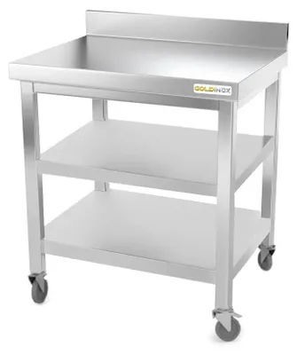 Produktbild von Arbeitstisch aus Edelstahl, 500 x 500 mm, mit Rückenlehne und 2 Rollenregalen,  – GOLDINOX