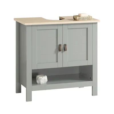 A bathroom vanity cabinet with a countertop and two doors.