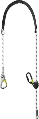 A safety rope with carabiners and a rope grab device, isolated on a white background.